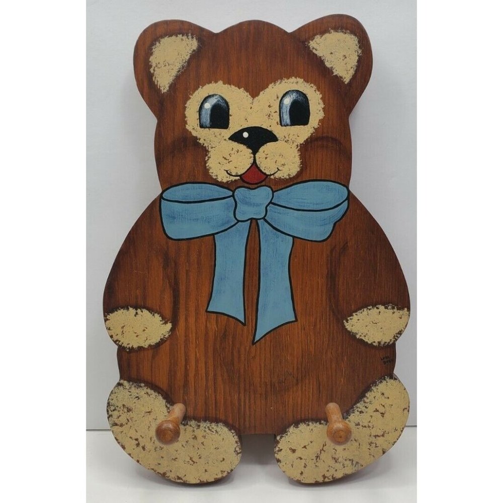 Vtg Handmade Wood Hand Painted Bear Childrens Robe Clothes Hanger Boy Blue Bow